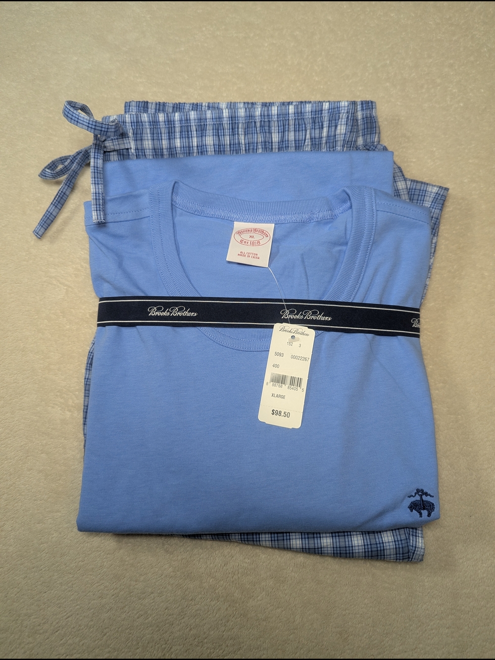 NEW Brooks Brothers Men's Pajamas Set Blue Plaid Pants W/ Light Blue Tee XL